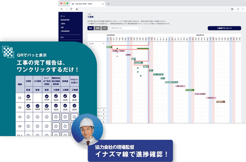 自動更新される工程表で工事進捗が一目で分かる。